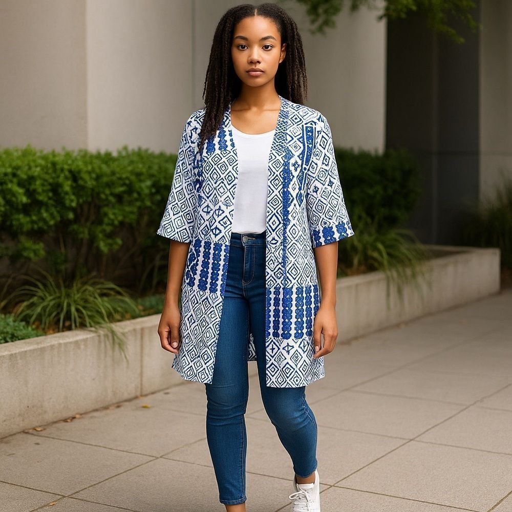 White Blue Geometric Kimono Coverup OS